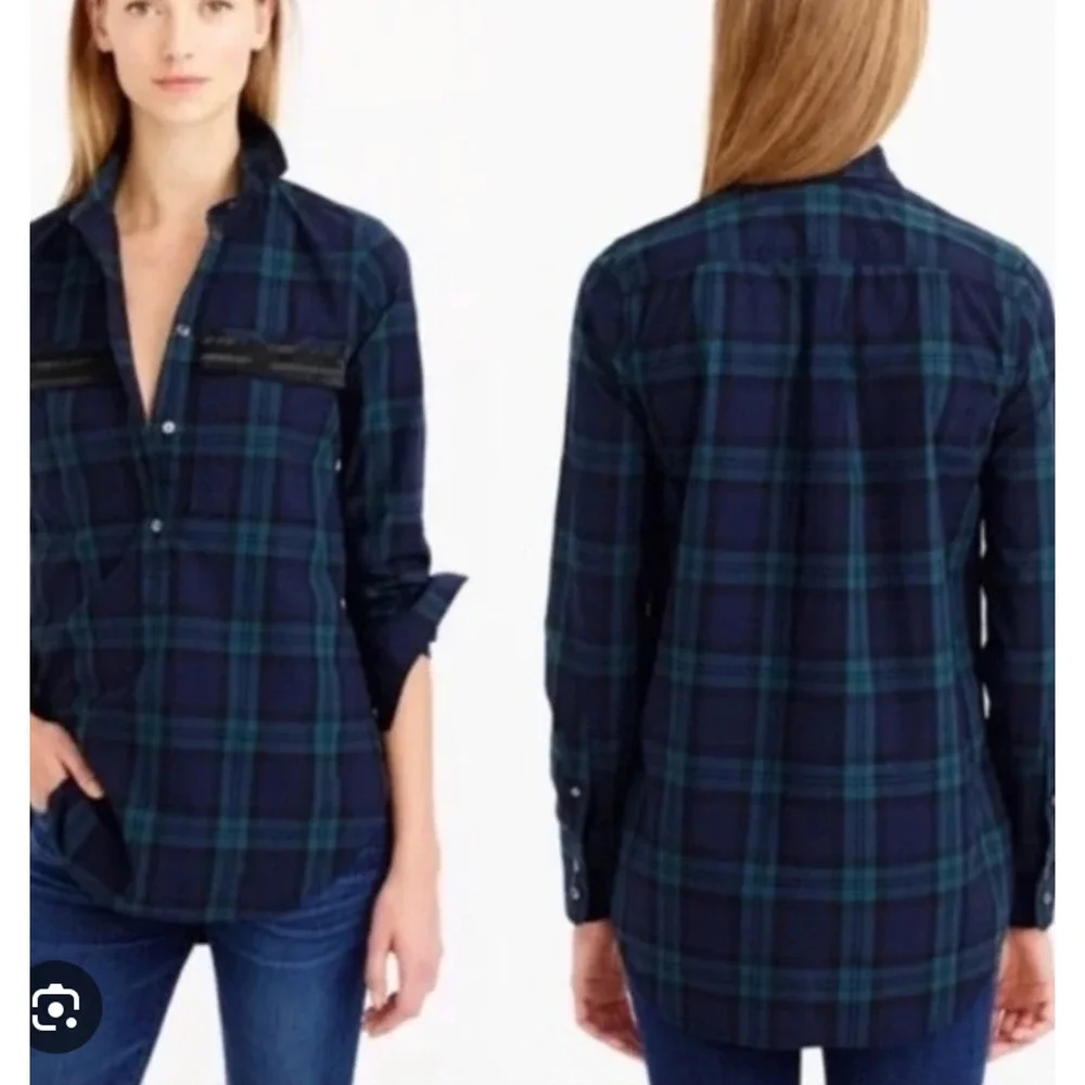 J Crew Popover Shirt Womens M Medium Plaid Beaded Pockets Half Button Oversized